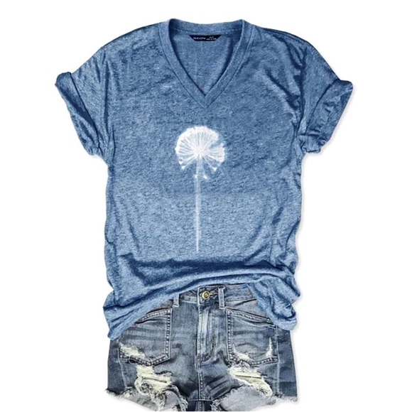 Last Ones ~NEW Washed Blue Dandelion V Neck Tee - Picture 4 of 4